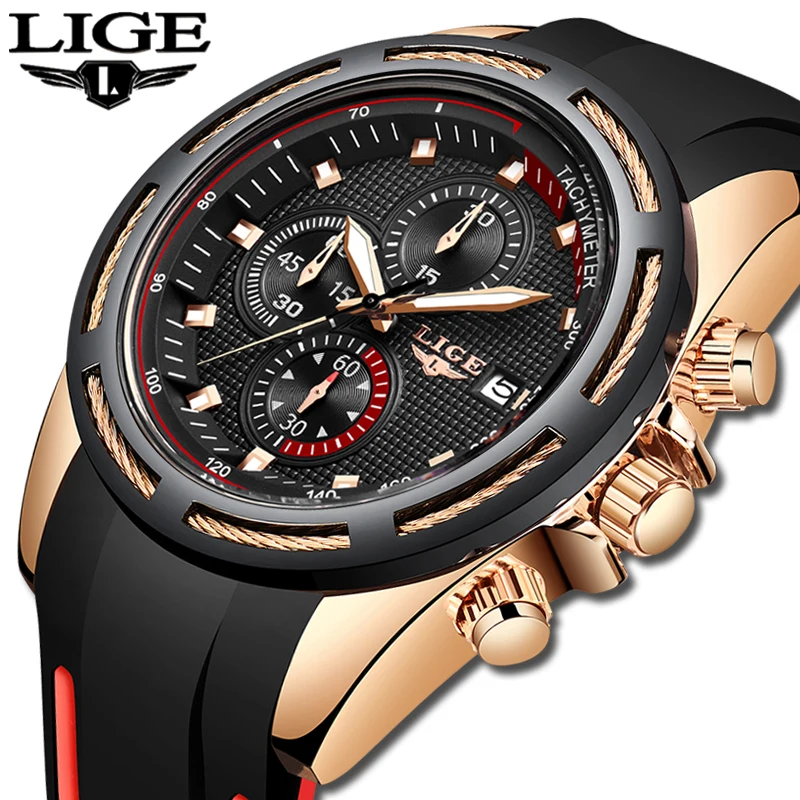 Relogio Masculino 2019 LIGE New Mens Watches Top Brand Luxury Silicone Strap Sport Waterproof Chronograph Gold Quartz Wristwatch | Наручные