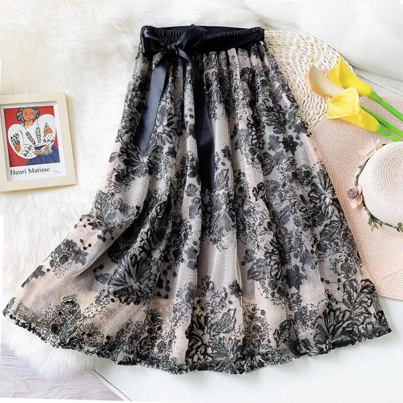 

Gothic Women's Vintage 90s Mesh Floral Skirt Korean Female High Waist Embroidery Sequins Bowknot Midi Skirts Faldas 2021 Summer