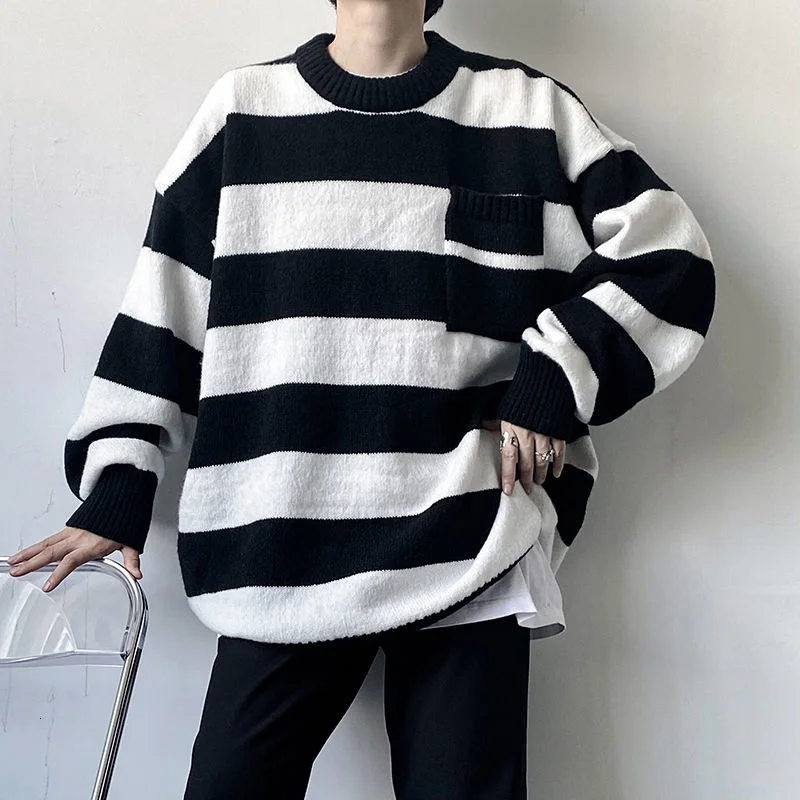 

2021 Men's Sweater Medium Length Street Wide Solid Color Stripe Loose Pullover Trend Unisex Streetwear Fashion New Arrivals