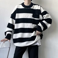 2021 mens sweater medium length street wide solid color stripe loose pullover trend unisex streetwear fashion new arrivals