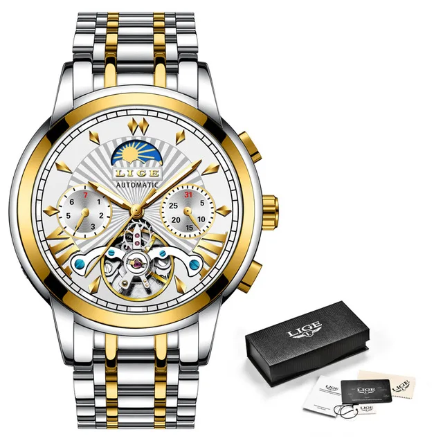 S Gold white Новинка LIGE мужские s часы Топ люксовый бренд мода Tourbillon автоматические механические часы мужские водонепроницаемые часы со скелетом Montre Homme - Цвет: S Gold white