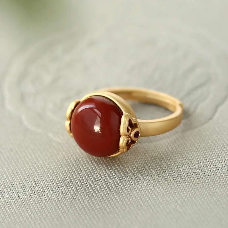 

Southern Red Agate Simple S925 Sterling Silver Ring for Women Adjustable Ring Court Vintage Jewelry Sterling Silver Ethnic Style