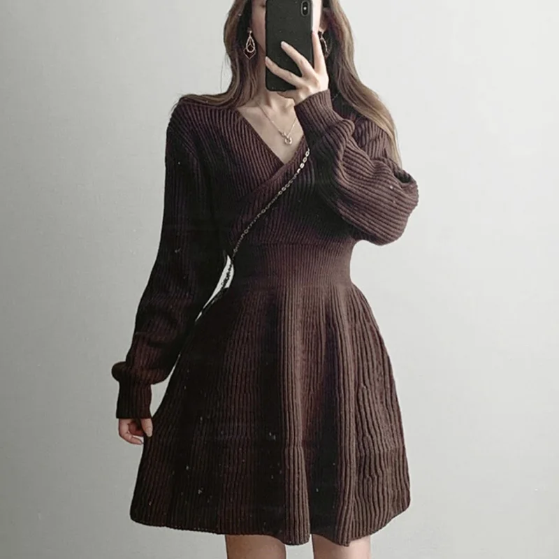 

Women Pullover Knitted Sweater Dress 2020 Autumn Korean Office Woman Slim Dresses Women'S One-Piece Knitt Mini Dress Lady Robe