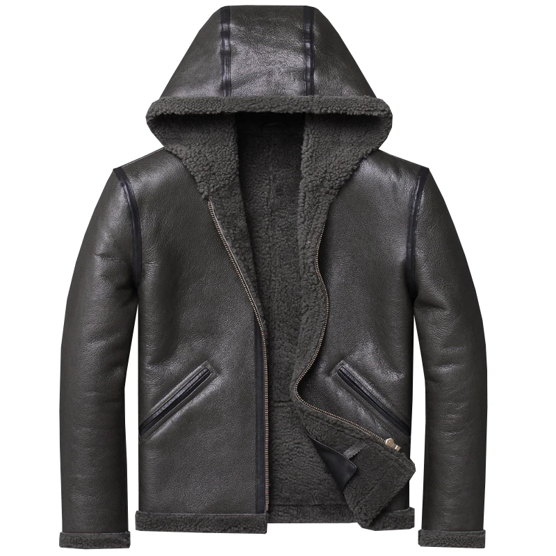 Мужская короткая куртка из овчины с капюшоном винтажная натуральной овечьей