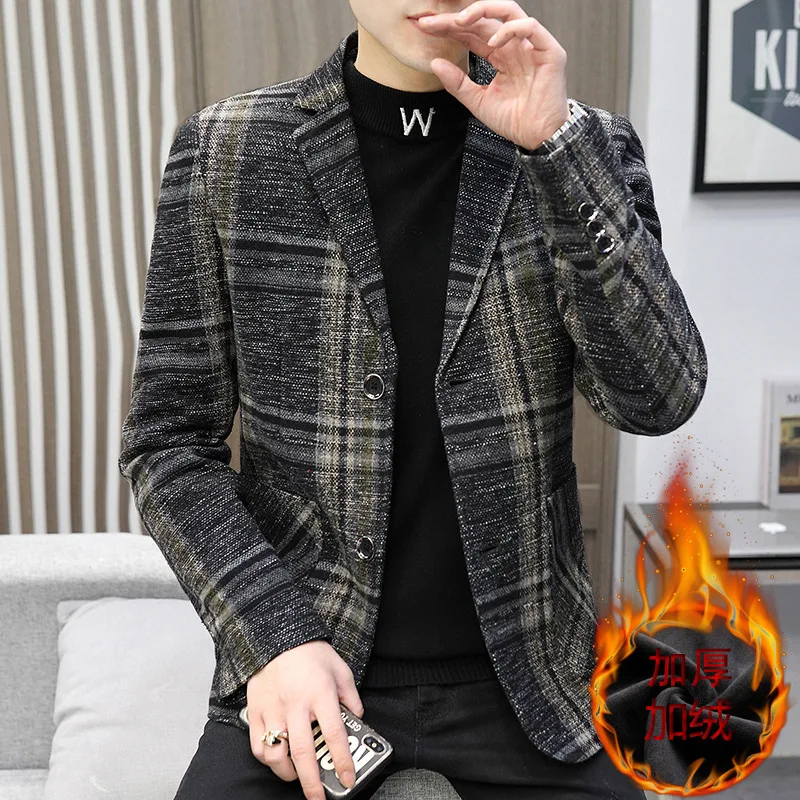 Мужской осенне-зимний блейзер с флисовой подкладкой 2022 модный приталенный