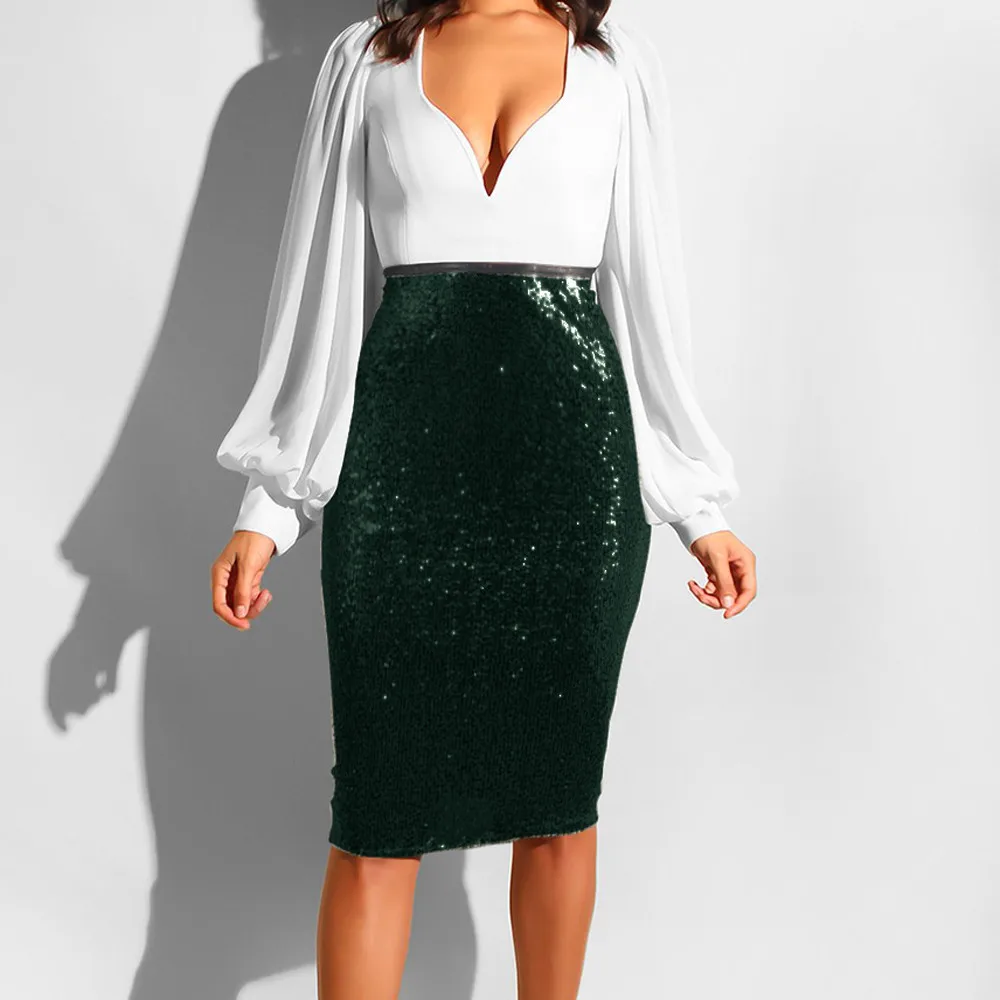 Женские Облегающие юбки-карандаш вечерние юбки с высокой талией и блестками в