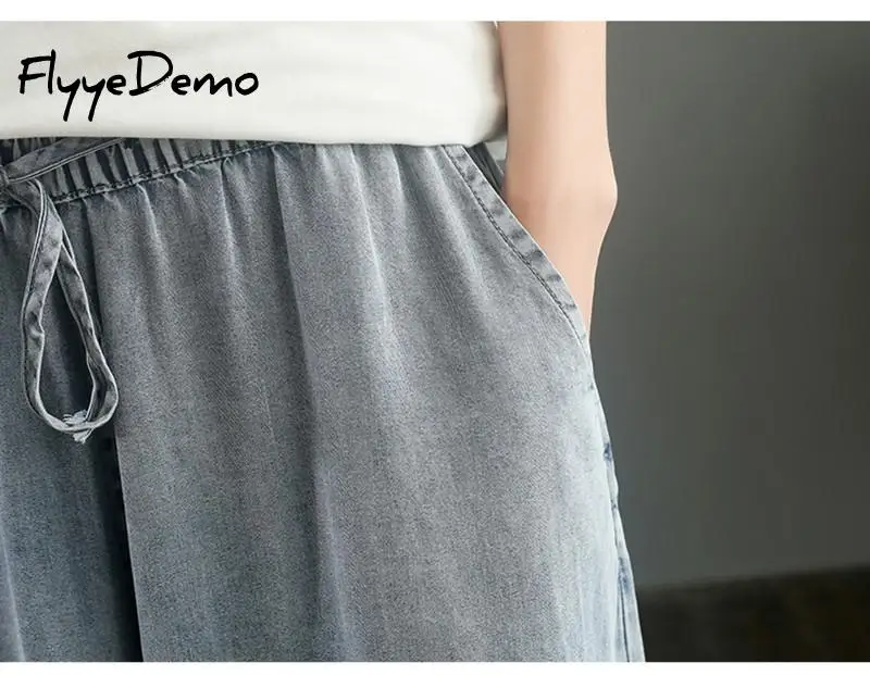 

2020 Summer Autumn Big Pocket Boyfriend Jeans For Women Washed Denim Wide Leg Pants Drawstring Waist Loose Jeans Woman Plus Size