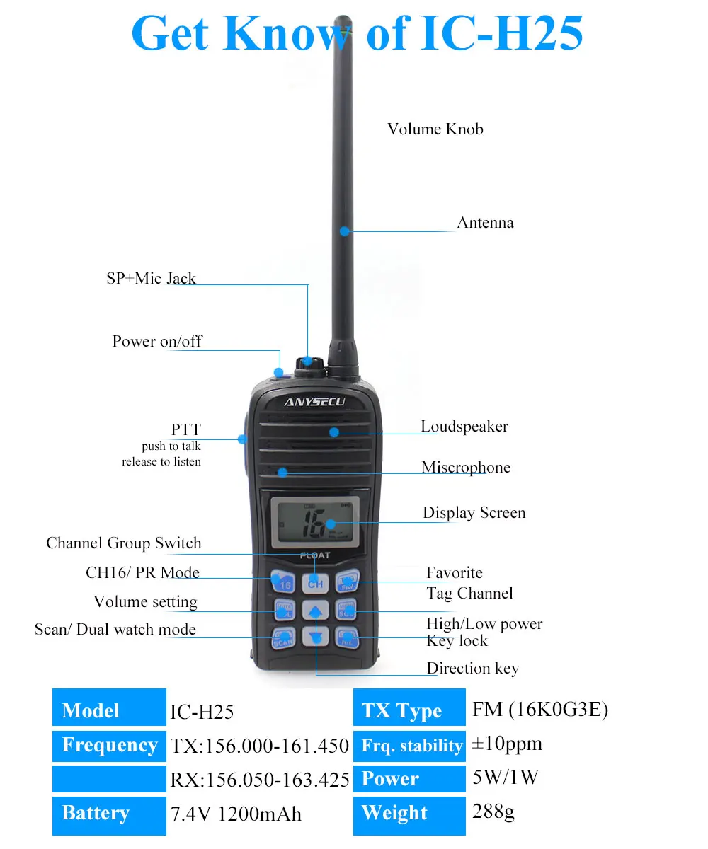 ANYSECU IC H25 IP67 водонепроницаемый международный канал поплавок двойная рация