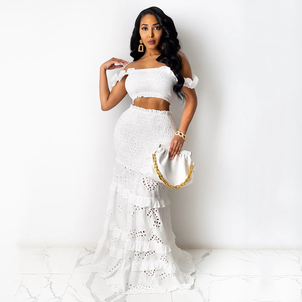 

European and American women's new solid color two-piece suit, breast-wrapped fishtail mid-waist lace dress