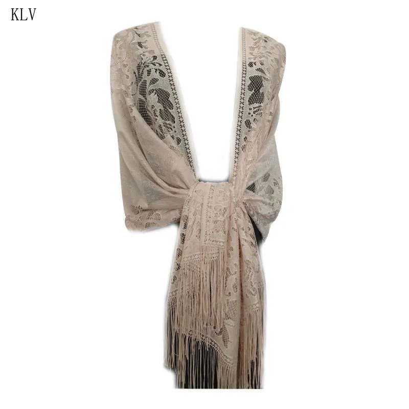 Бежевый 185x63 см, женский шарф 1920 s, Ажурные вязаные крючком цветочные кружева, бахрома, кисточки, свадебная накидка, вечерняя винтажная шаль - Цвет: Бежевый