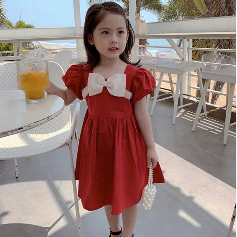 

Korean Summer New Children Princess Dress Toddler Girls Retro Big Bow Short Sleeve Temperament Solid Color Dress