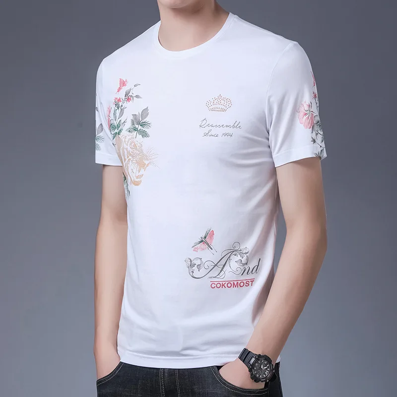 

Loldeal Short-sleeved T-shirt Men's Slim Round Neck Floral Print Casual Fashion Cotton Comfortable