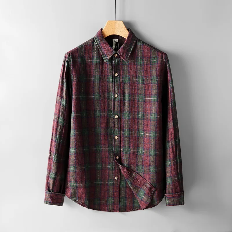 

100% Linen autumn brand plaid shirts men long-sleeved casual shirt mens fashion breathable shirt for men overhemd chemise camisa