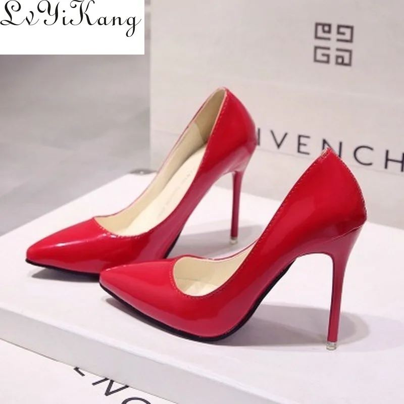 

Plus Size 34-44 Hot Women Shoes Pointed Toe Pumps Patent Leather Dress High Heels Boat Wedding Zapatos Mujer Blue Wine Red