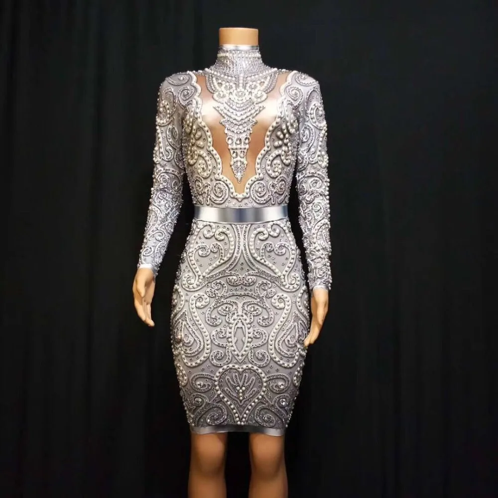 

2019 New Women grey gold beading round neck long sleeve Celebrity evening party bodycon bandage dresses wholesale