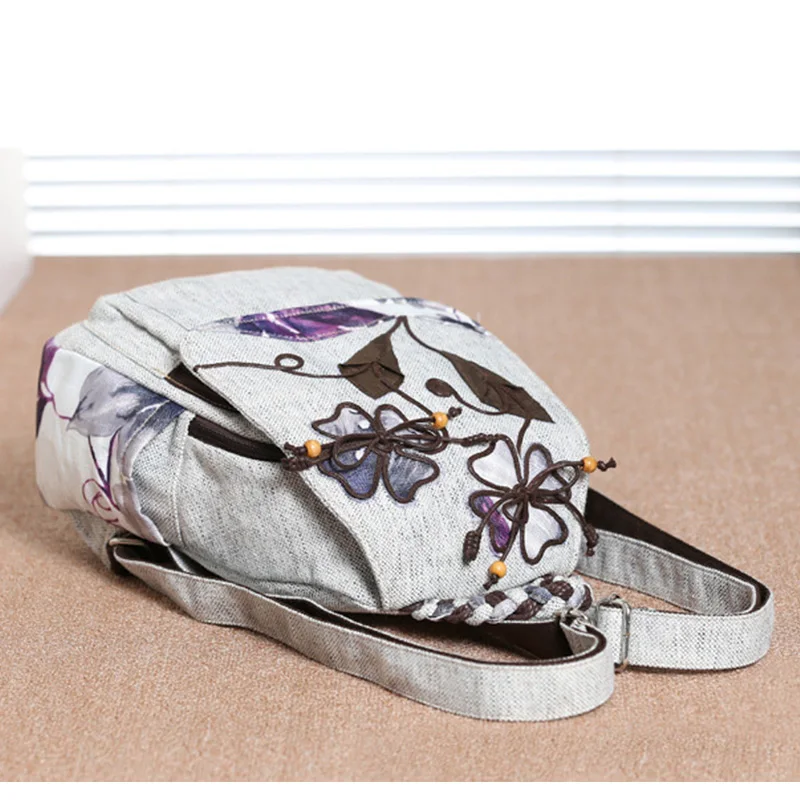 

Luxury National Embroidery Desgin Women Travel Backpack Durable Fabric Linen Female Backpack Pretty Style Girls Travel Backpack