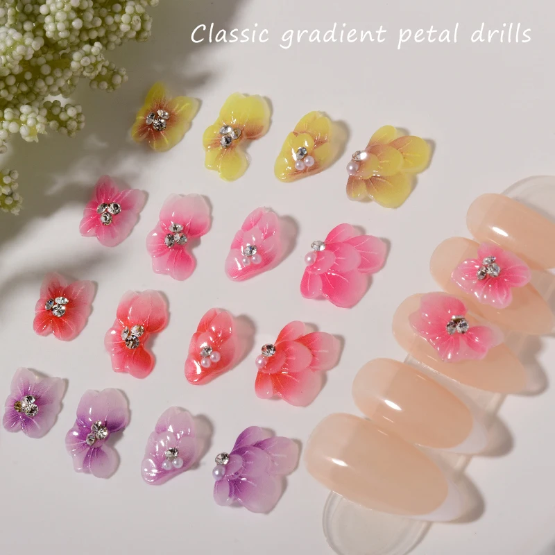 

10pcs 3D Acrylic Flowers Nail Art Decorations Gradient Flower Finished with Pearls Crystal Petal DIY Charms Manicure Accessories