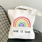 Холщовая Сумка для покупок Love is Love Женская, вместительная сумочка для хранения, многоразовый студенческий тоут на плечо, модный шоппер
