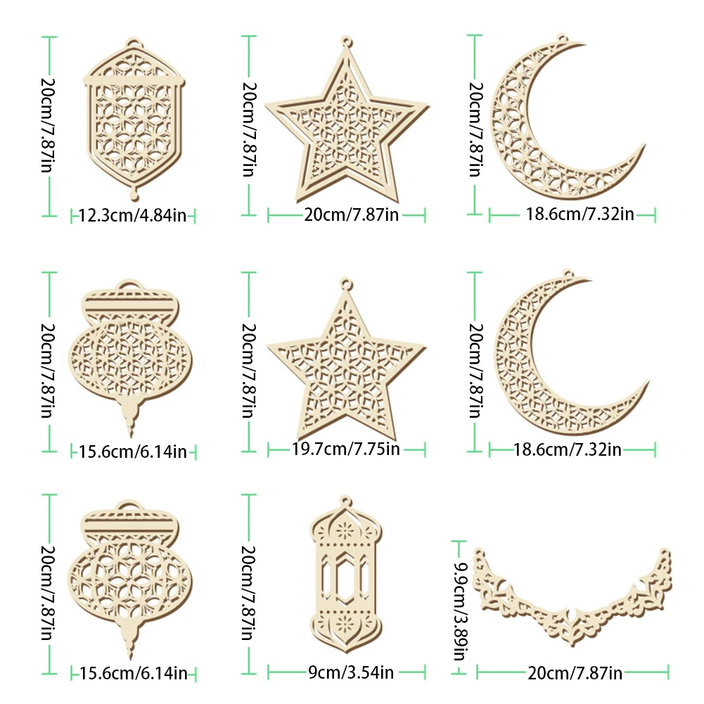 

9pcs Ramadan Kareem Decoration Wooden Craft Hanging Pendant Eid Mubarak Hanging Crafts with Moon Star Lamp for Eid Decor