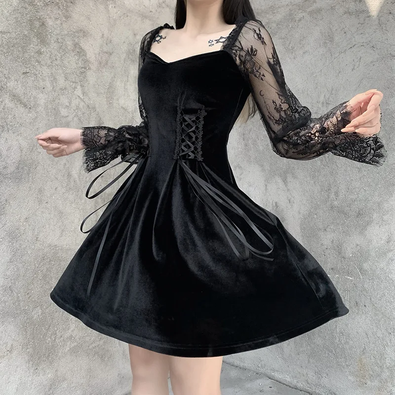 

2021 Gothic Lolita Dress Lace Mini Long Sleeves Black Lace Draped Bodycon Goth Vintage Birthday For Women