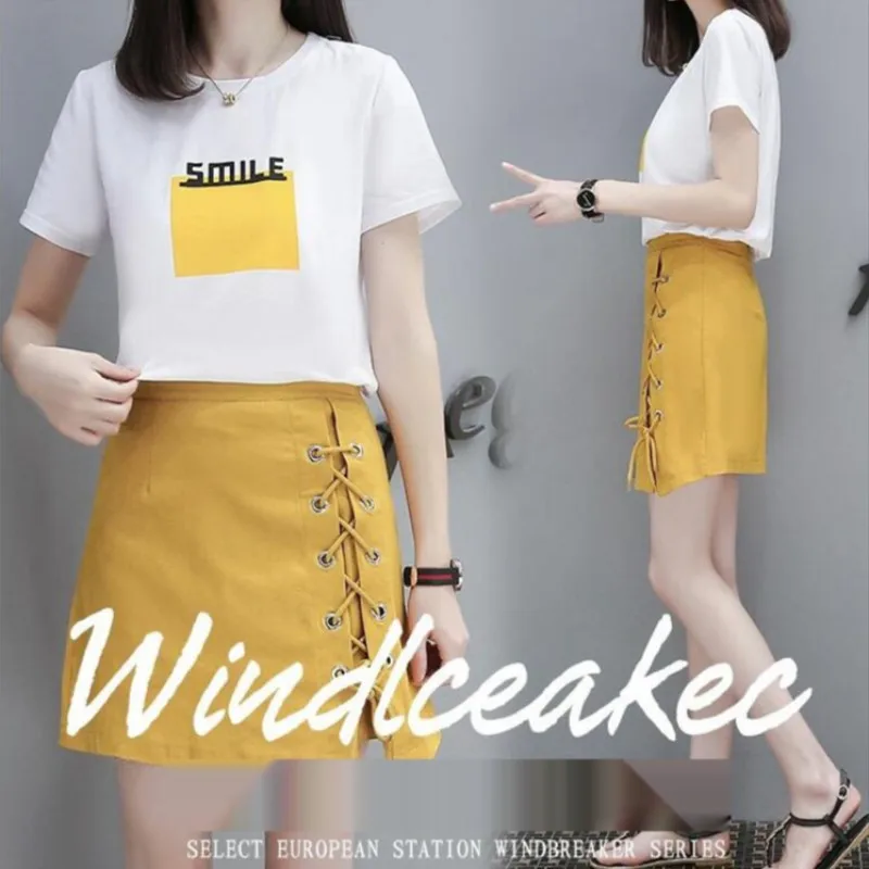 

Summer Skirt Suit 2021 New Slim High Waist Sexy Dress Set Women Short-Sleeved Printed Top T-Shirt A-Line Midi Skirts Two-Piece
