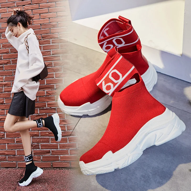 

2021 Summer New Boots Leisure Knitting Sports Thick Bottomed Flat Bottomed High Top Muffin Shoes Women's Shoes
