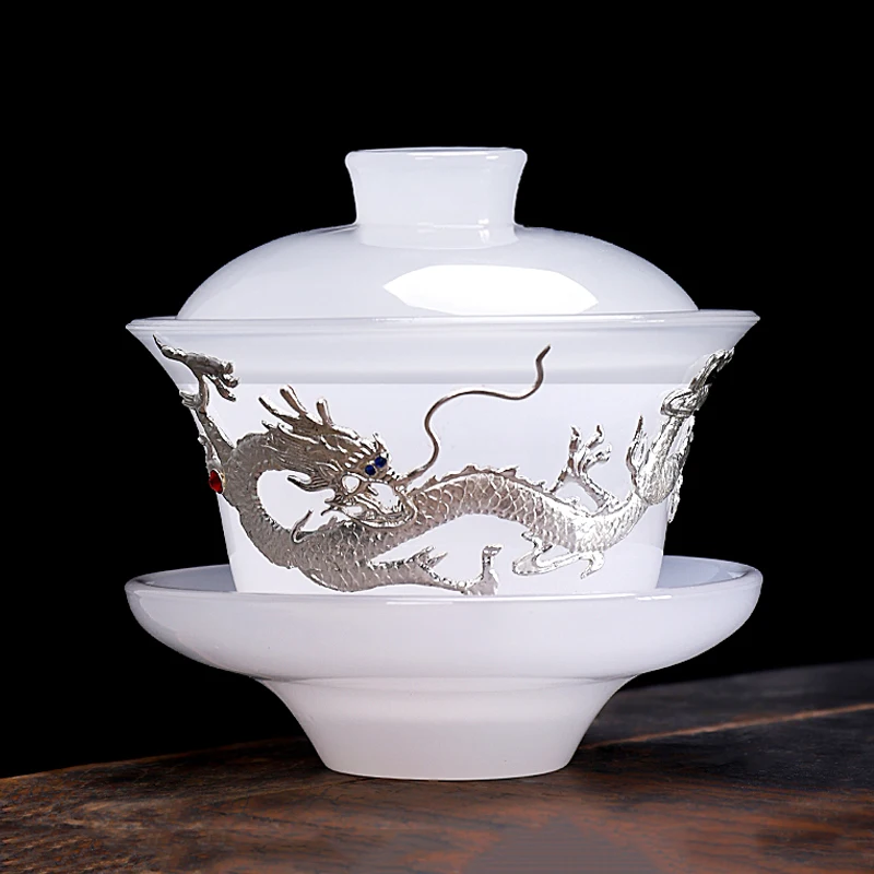 

Silver Dragon Tea Tureen 150ml White Jade Porcelain Glaze Tea Bowl Master Cup Creative Gaiwan Container Teaware Collection Gift