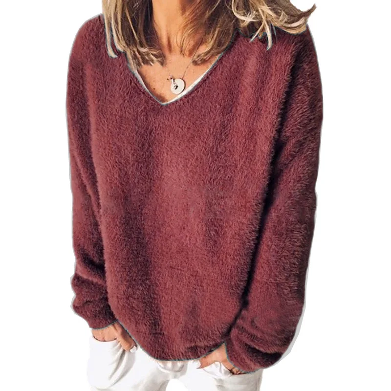 

Fashion New Soft Plush Sweater Casual Long Sleeve O-Neck Loose Pullovers Tops Autumn Winter Women Clothing Sweater Black