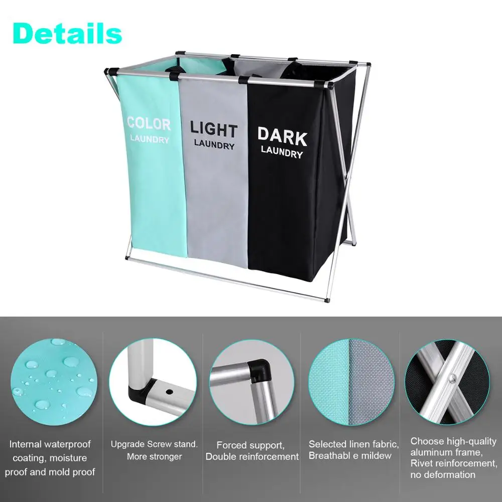 135Л корзина для белья Сортировочная складная 3 секции с алюминиевой рамой 62 см × 37