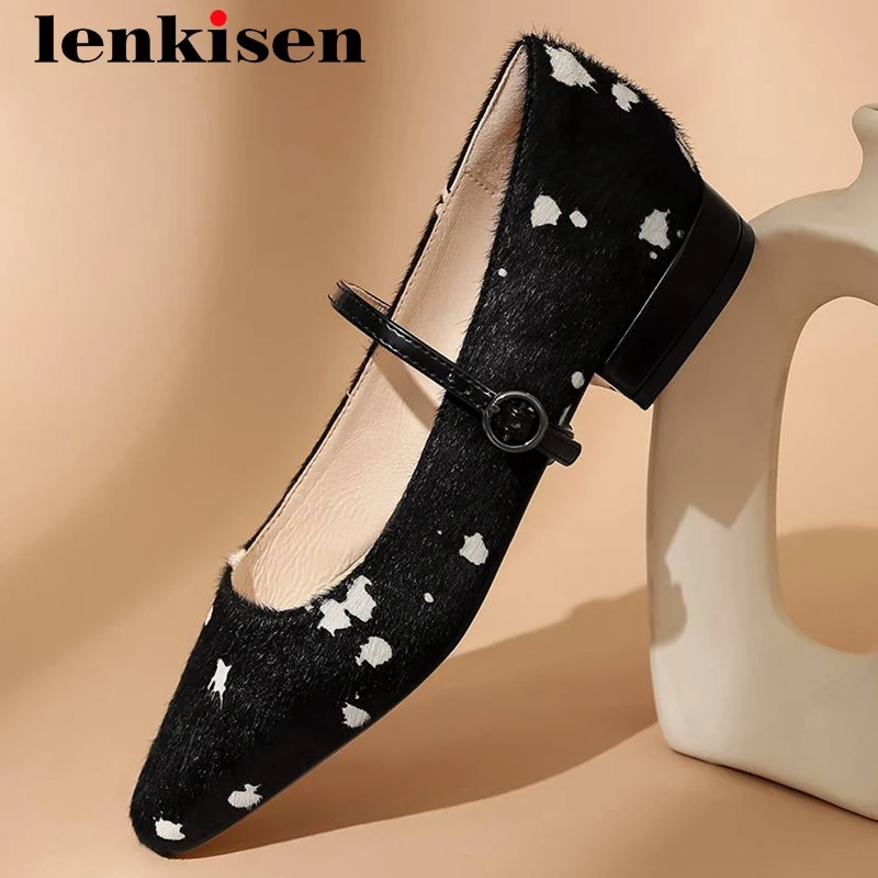 

Lenkisen high quality leisure superstar horsehair mixd colors square toe low heel buckle straps daily wear dress women pumps L19