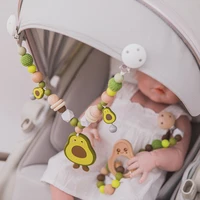 1set baby teether wooden pram clip baby mobile pram silicone avocado teeth pendant pacifier chain mobile bed holder stroller toy