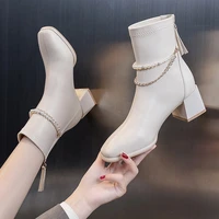 high heeled shoes womens autumn and winter 2021 new fashion thick heel mid heel square toe martin british short boots women