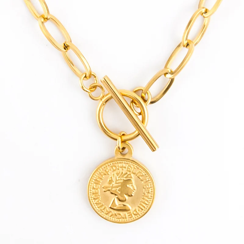 20mm Coin Gold S. steel Женская монета Пенни длинная T подвесная планка для ожерелья Золото Цвет тумблер ожерелье с подвеской de moda колье Boho подарок - Окраска металла: 20mm Coin Gold