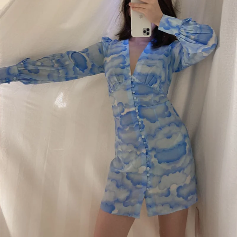 

French Style Floral Print Dress Sexy Deep V-neck Thin Mini Dresses for Women 2021 Summer Fashion Temperament Blue White Skirt