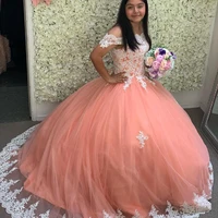 2022 princess coral quinceanera dresses with white lace ball gown off the shoulder formal party sweet 16 debut gown for girl
