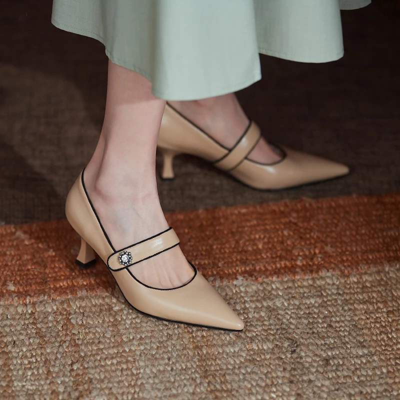 

Phenkang Women Pumps Calfskin Genuine Leather Shallow Pearl Flower Pointed Toe High Heel Office Lady Dress Wedding Party Shoes