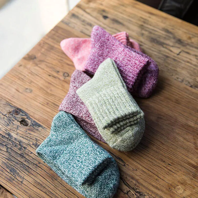 Autumn Winter Thick Warm Wool Socks Solid Color Cotton Two-tone Knitting Ladies Sock Casual Fashion Dress Socks Soft 5 Pair