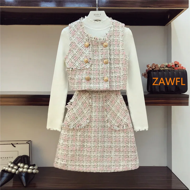 Женский костюм с юбкой ZAWFL осенне зимний комплект из 2 предметов твидовый жилет +