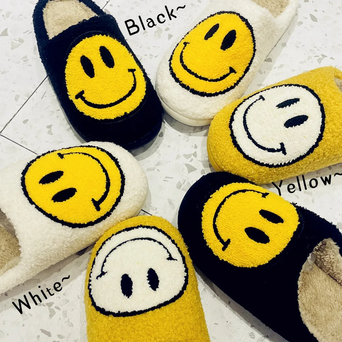 

2021 Winter Womens Slippers Fluffy Fur Smile Big Slipper Shoe Short Plush Fleece Flats for Couple House Indoor Shoes for home