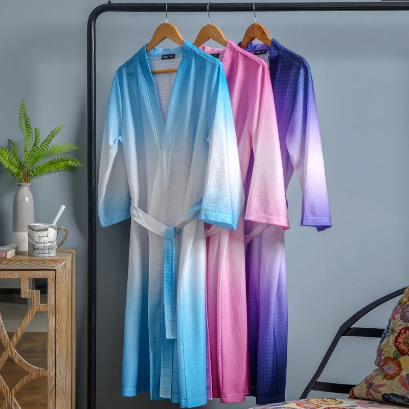 

Gradient color night-robe for men women couples thin waffle bathrobes summer absorbent quick-drying nightgown plus size bathrobe