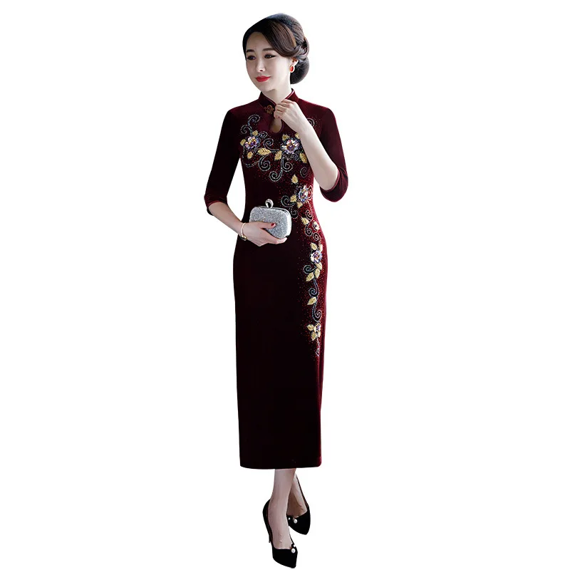 Новый бархат cheongsam для женщин ретро мать бисером Чонсам ежедневно представление