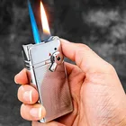 Jobon две пламени (ветрозащитная синяя струйная пламя + красное пламя) Зажигалка металлическая газовая надувная шлифовальная круглая Зажигалка для курения подарочная коробка
