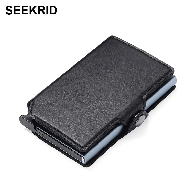 

SEEKRID Crazy Horse Mini Wallet RFID Blocking Aluminum Alloy Leather Credit Card Holder Metal Business Cardholder Smart Case