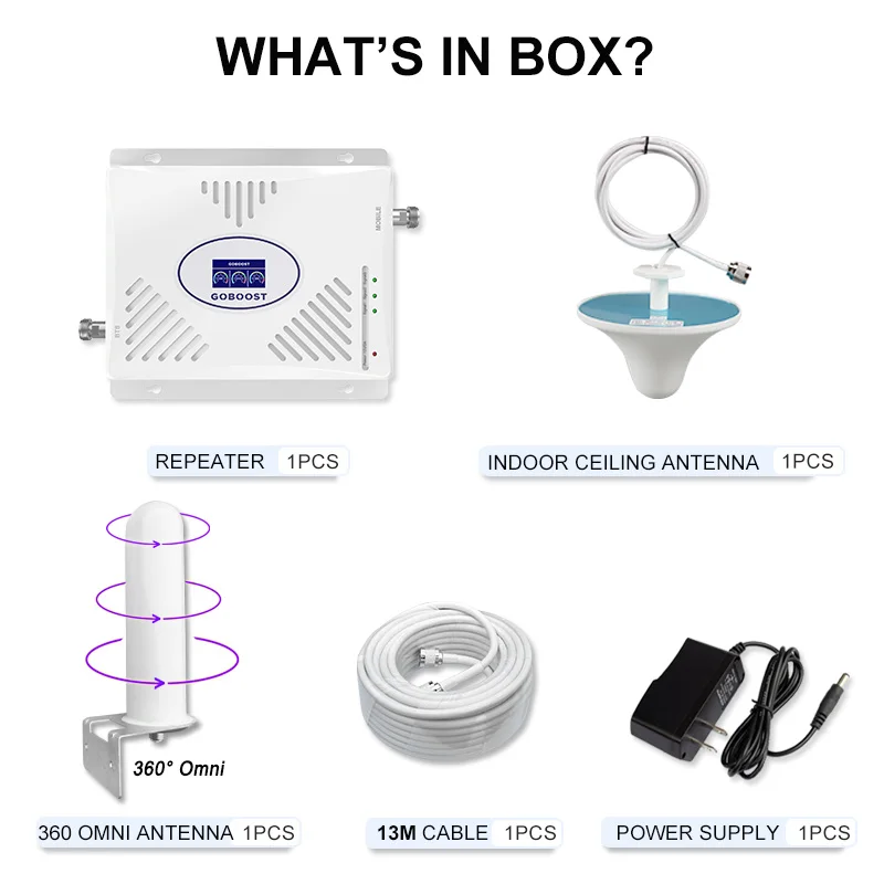

GOBOOST GSM Repeater 2G 3G 4G Signal Booster Tri Band 900 1800 2100 Cellular Amplifier LTE 2600 Mobile Phone Amplifier Set 70dB