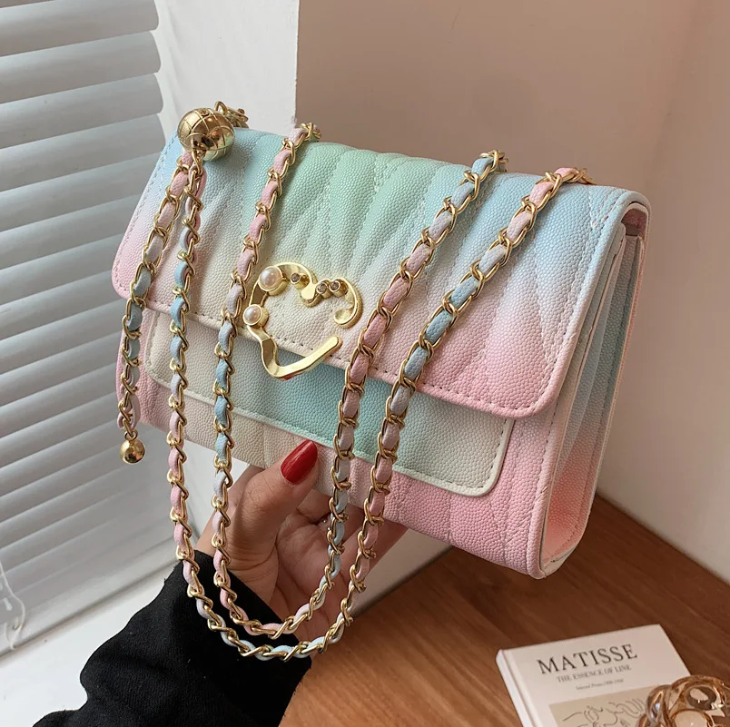 

Rainbow Bag Autumn All-match 2021new Trendy Fashion High-quality Ladies Casual Chain Slung Rhombus One-shoulder Small Square Bag