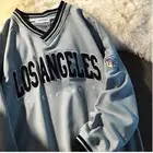 Серый Ретро свитшот с вышивкой и V-образным вырезом, зимние толстовки в стиле Харадзюку, свободная Мужская и женская рубашка с длинными рукавами и надписью в Корейском стиле