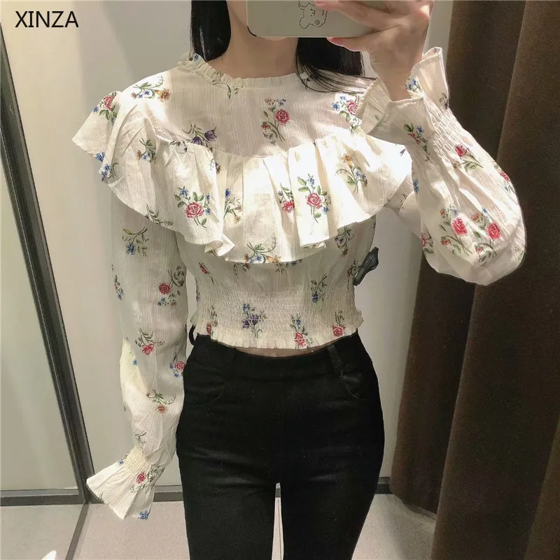 

ZA Women Floral Print Ruffle Crop Blouse 2021 Long Puff Sleeve Smocked Elastic Hem Vintage Top Woman Open Opening Summer Shirt