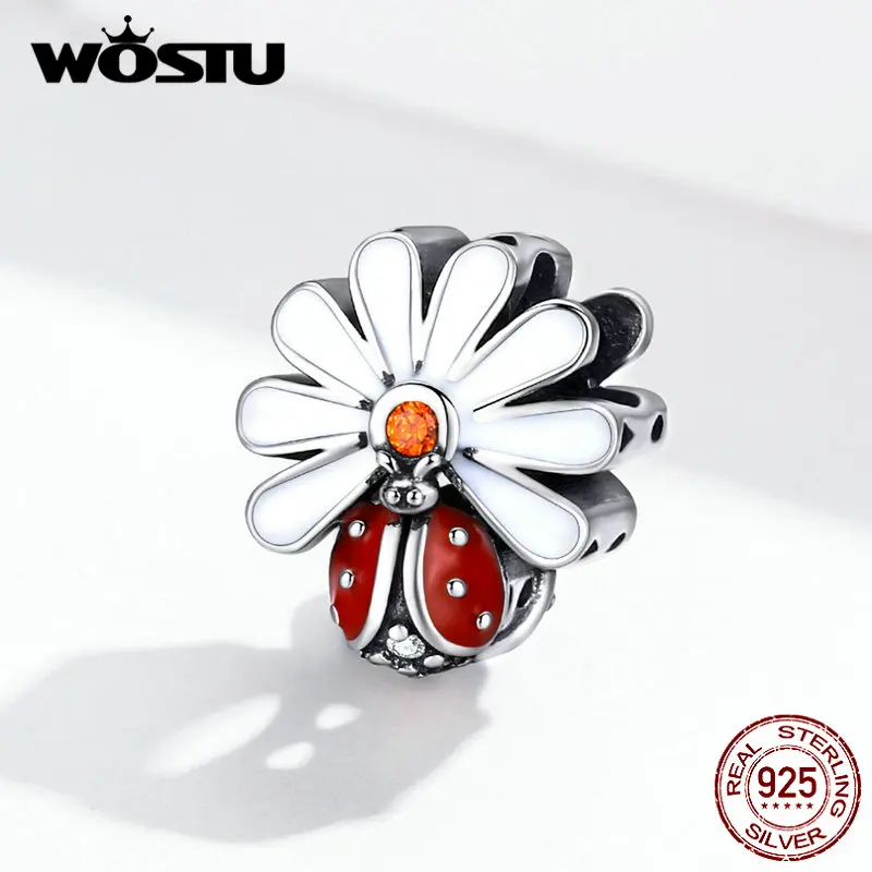 WOSTU Настоящее серебро 925 пробы божья коровка цветок шарм подходит для