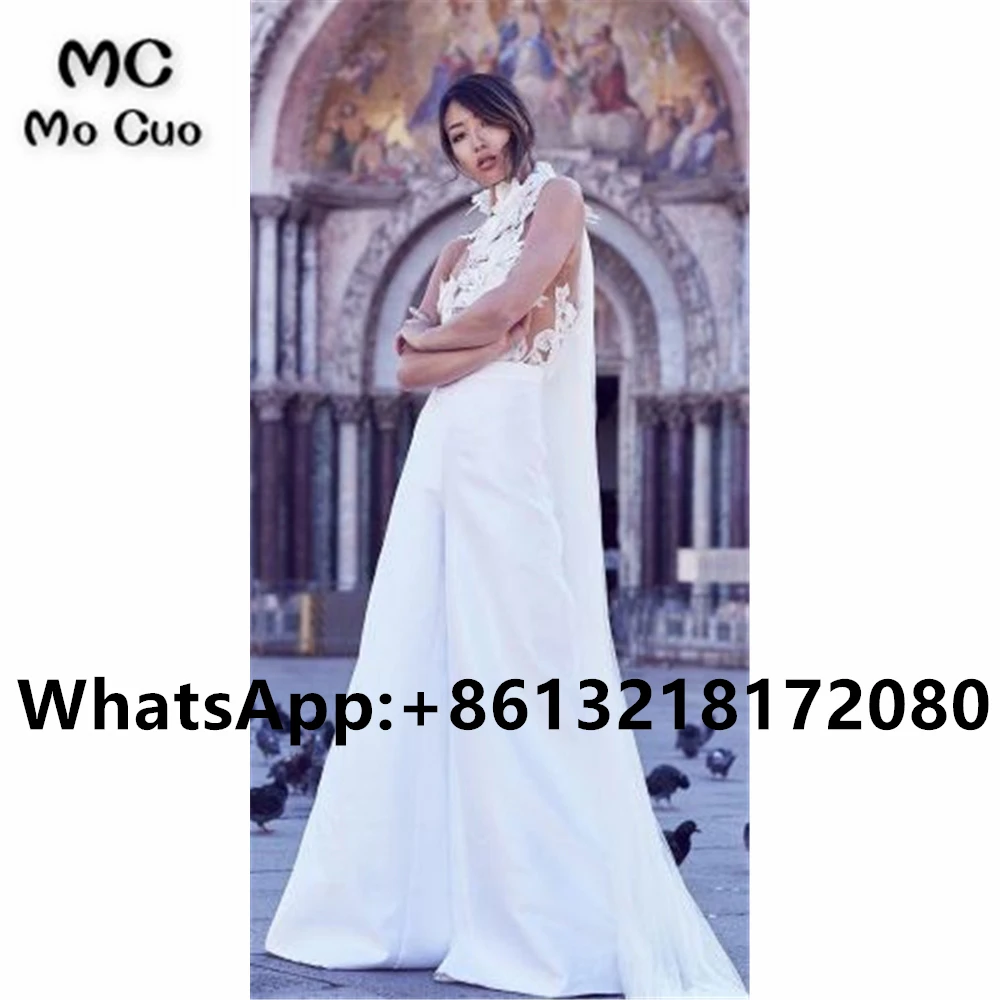 

2021 г., комбинезон с белыми брюками, свадебные платья, длинное кружевное платье с лямкой на шее в стиле бохо, женские свадебные платья