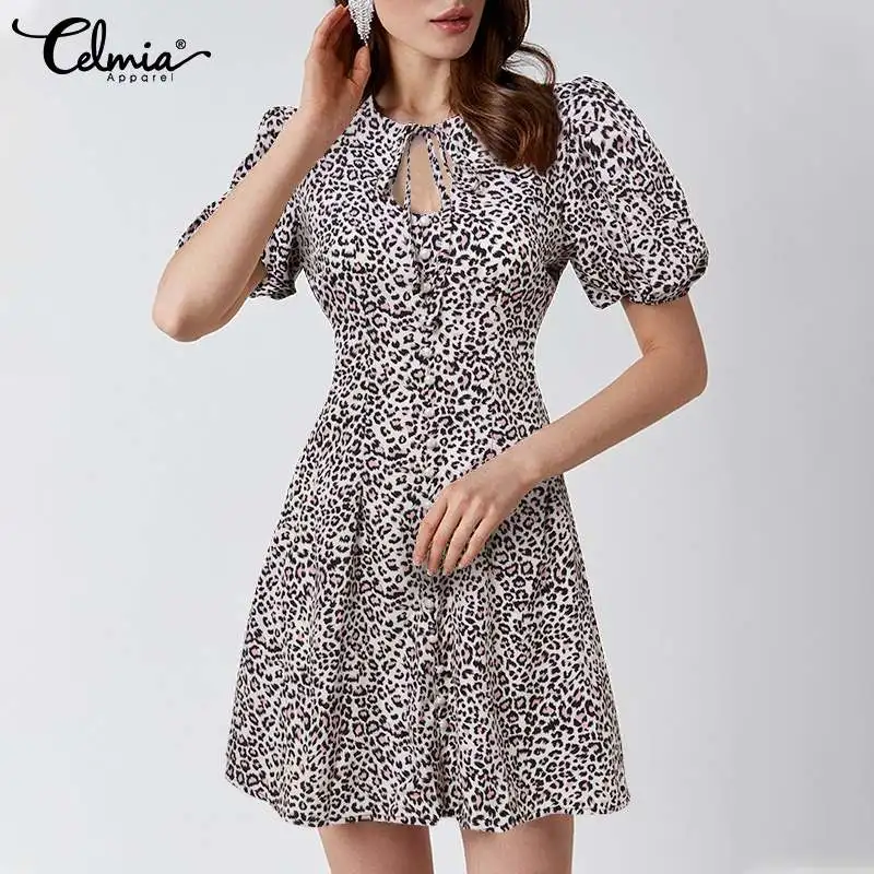 

Holiday 2021 Women Puff Short Sleeve Mini Dress Celmia Elegant Leopard Print Hollow Out Collar Vestidos Summer Waist Short Robe